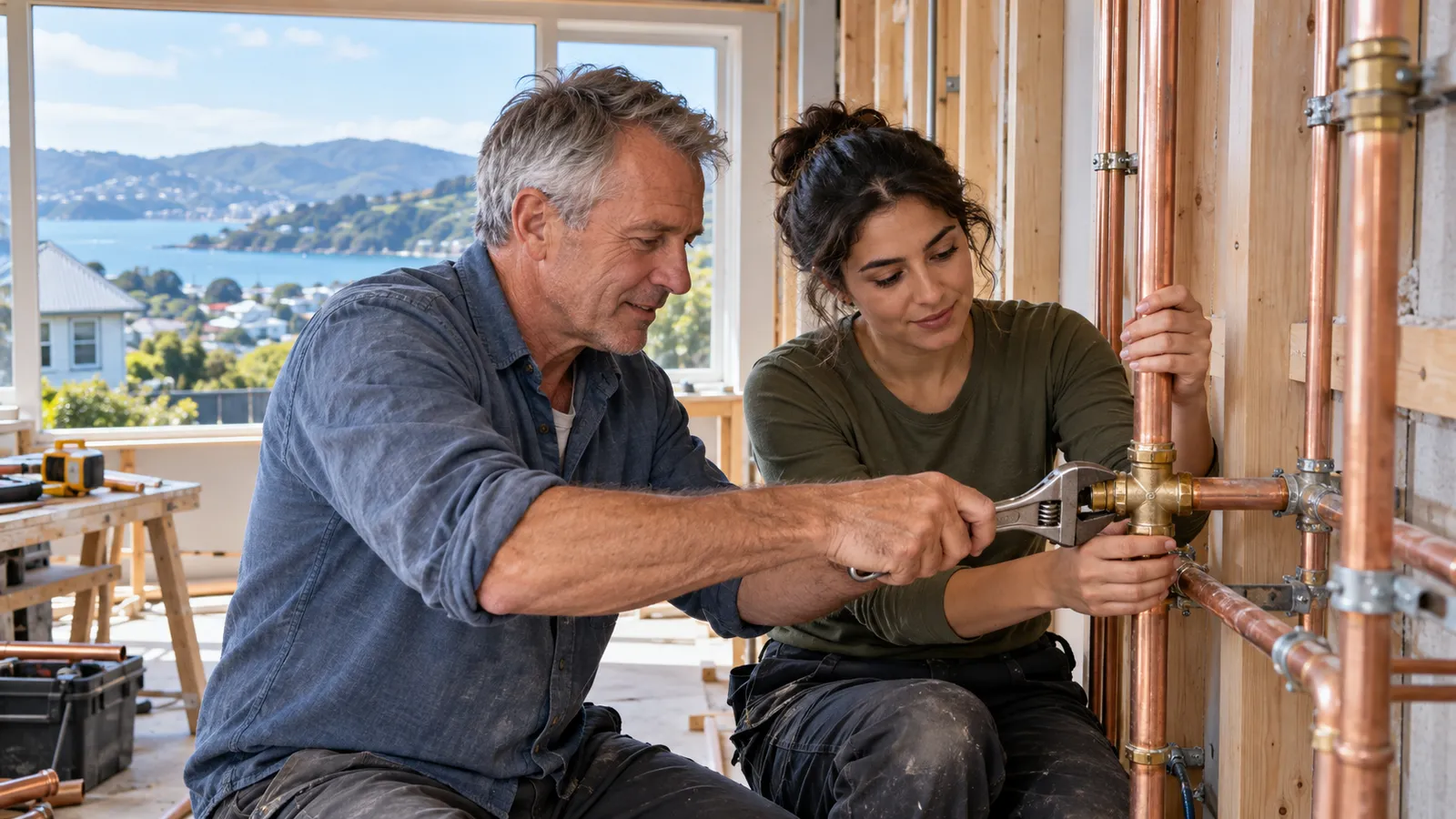 Ein älterer Installateur und eine jüngere Kollegin arbeiten gemeinsam an Kupferrohren in einem Haus in Neuseeland.