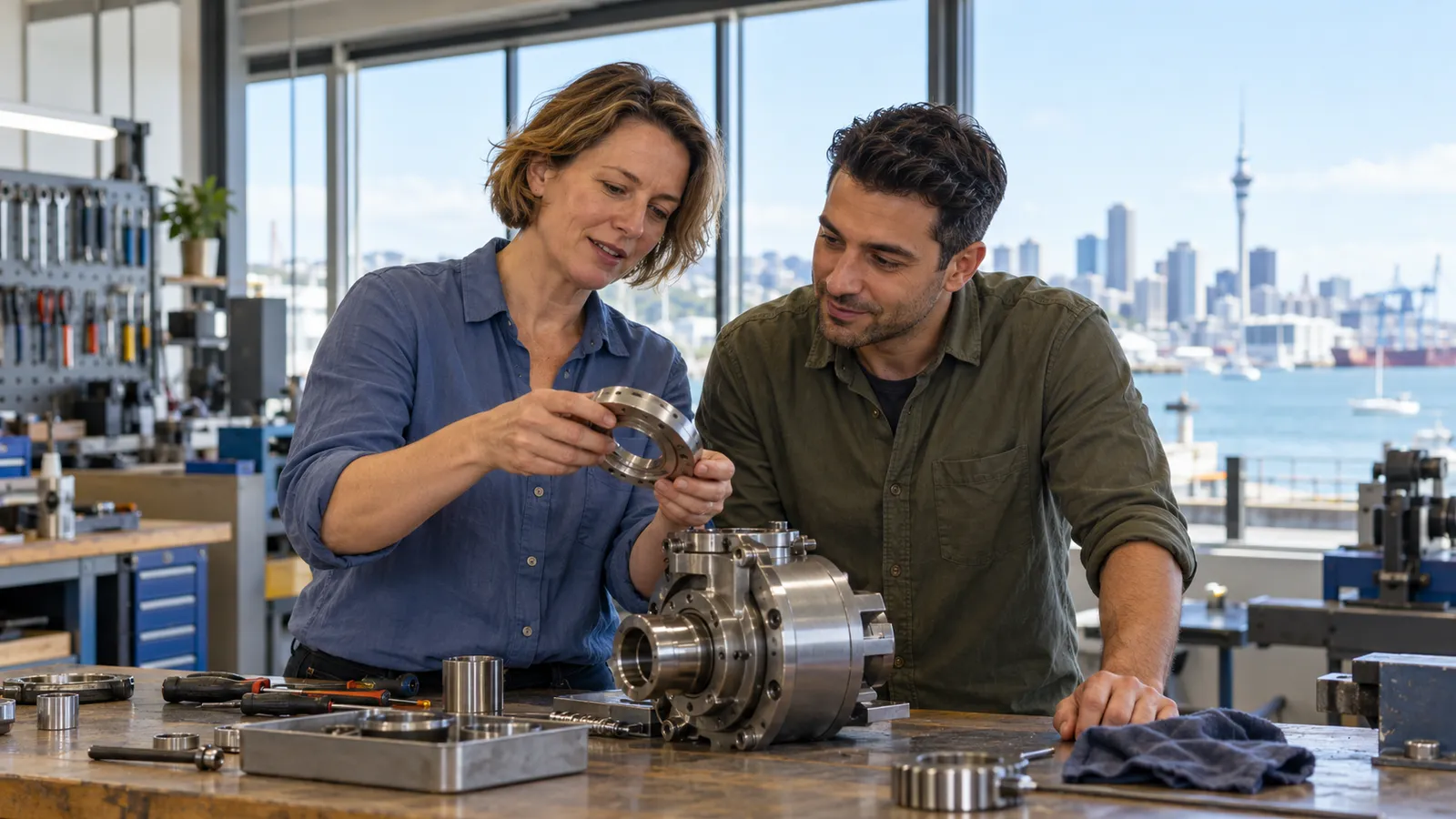 Eine Frau und ein Mann prüfen ein Metallbauteil in einer hellen Werkstatt mit Blick auf Aucklands Hafen und Skyline.