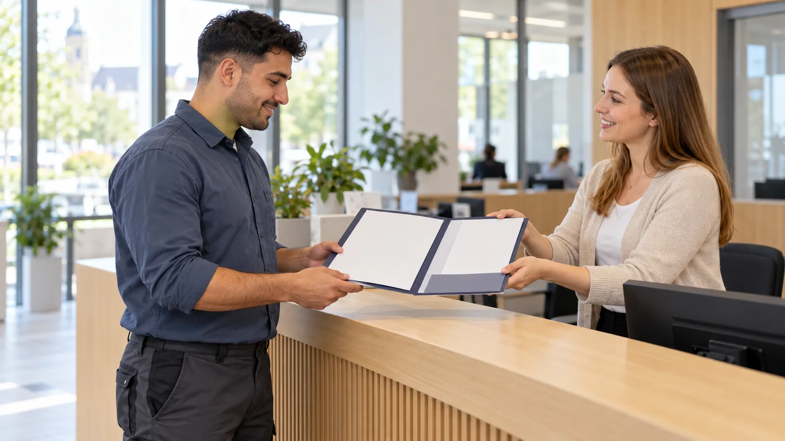 Ein Handwerker erhält am hellen Serviceschalter einer Handwerkskammer eine Mappe mit Unterlagen von einer Mitarbeiterin.