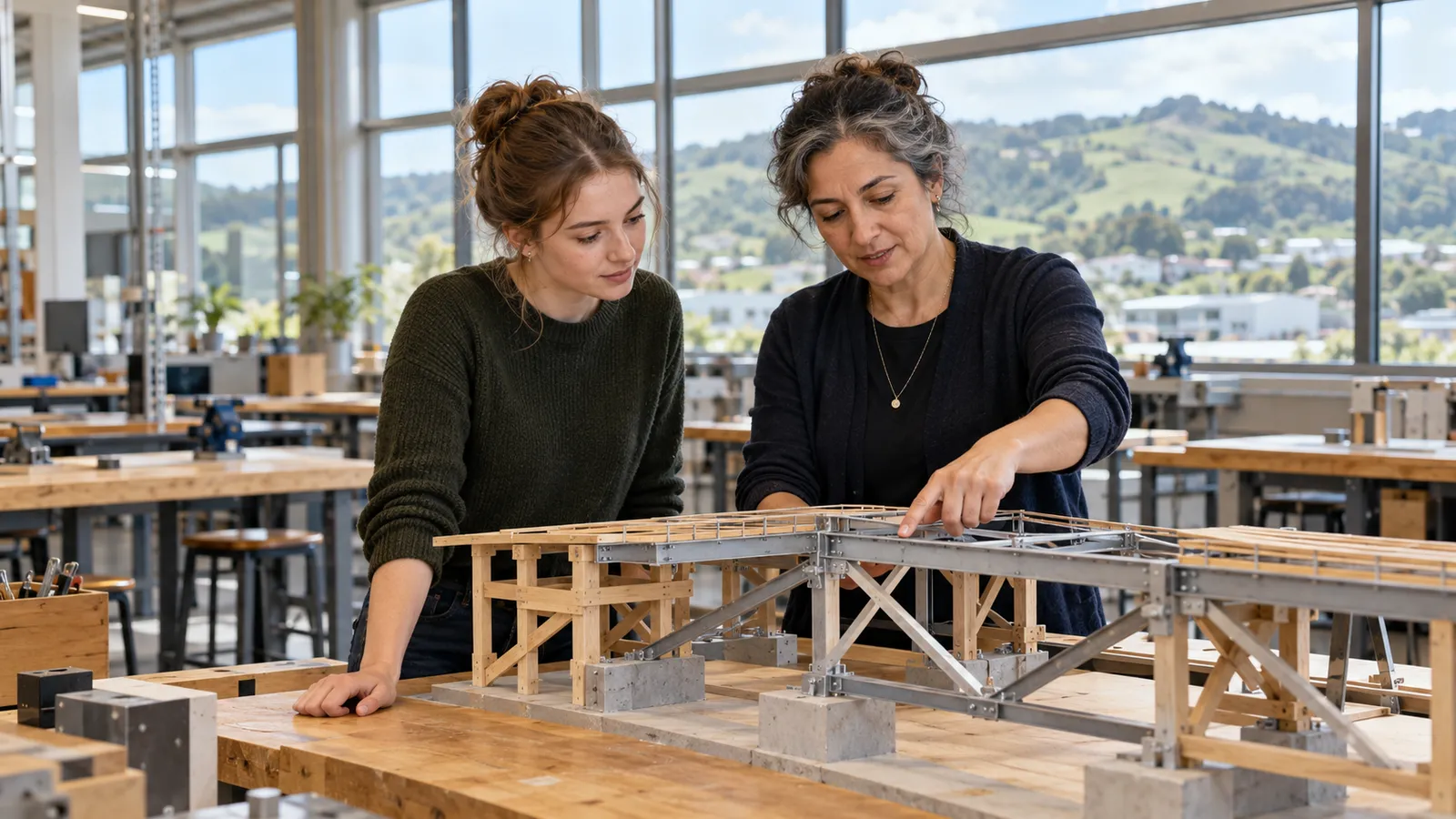 Eine erfahrene Ingenieurin erklärt einer jungen Kollegin ein Brückenmodell in einer hellen Werkstatt mit Blick auf grüne Hügel.