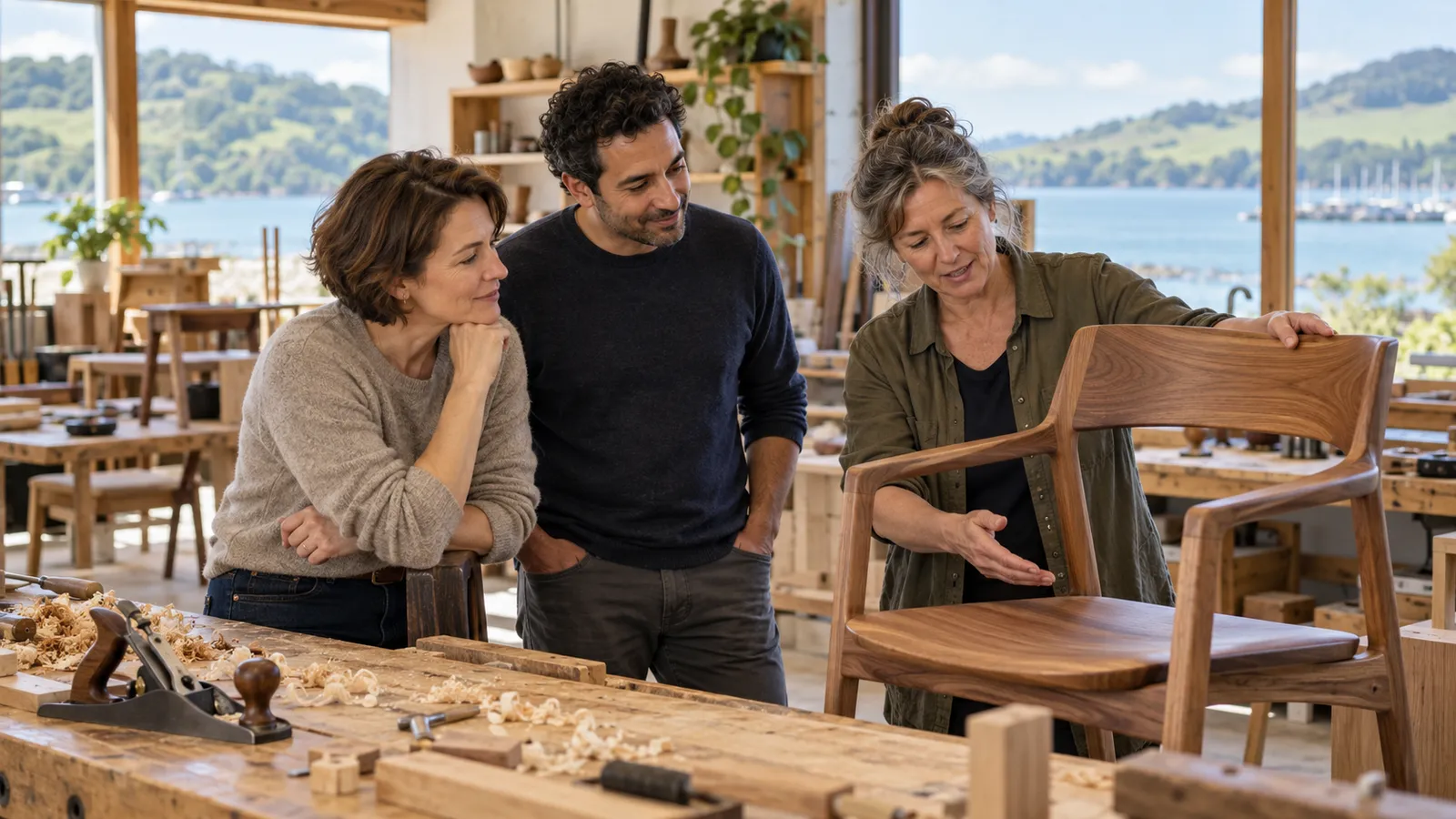 Zwei Frauen und ein Mann begutachten einen Holzstuhl in einer hellen neuseeländischen Möbelwerkstatt mit Hafenblick.