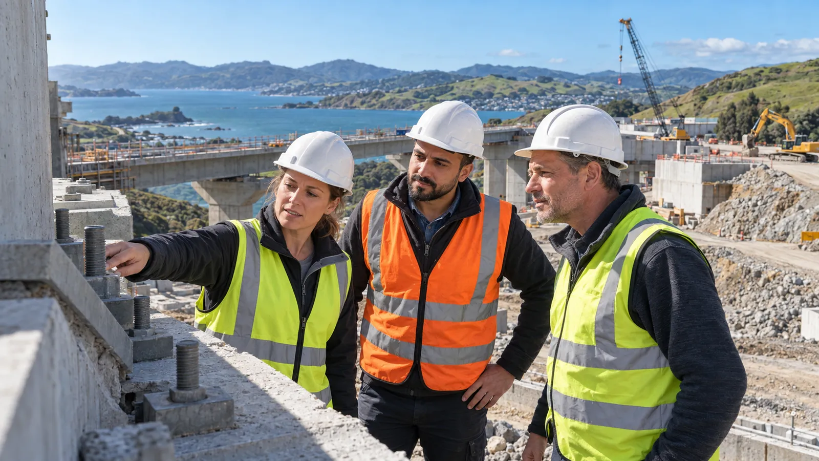 Drei Fachkräfte mit Schutzhelmen prüfen ein Betonbauteil auf einer Brückenbaustelle an Neuseelands Küste.
